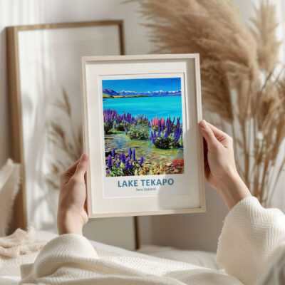 Framed Lake Tekapo print with colorful flowers.