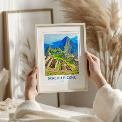 Holding framed Machu Picchu artwork in hands.