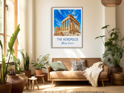 Living room with Acropolis poster and plants.