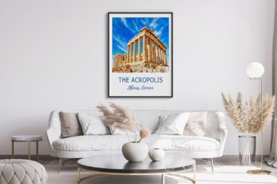 Living room with Acropolis poster on wall.