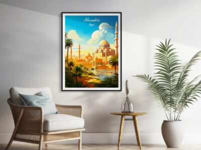 Cozy room with Alexandria Egypt poster on wall.
