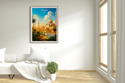 Framed Alexandria Egypt poster in modern living room.