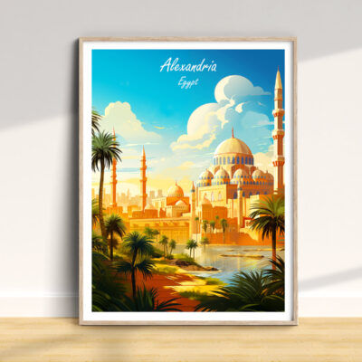 Framed illustration of Alexandria, Egypt skyline.