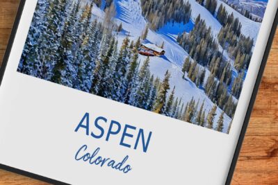 Aspen Colorado snowy landscape with pine trees.