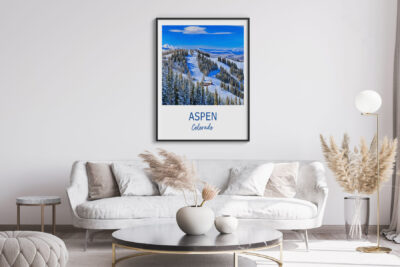 Aspen Colorado poster in modern living room.