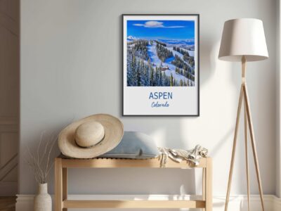 Aspen Colorado ski poster in modern living room.
