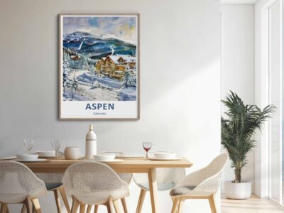 Dining room with Aspen poster on wall.