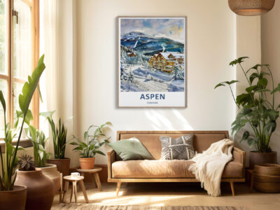 Cozy living room with Aspen poster and plants.
