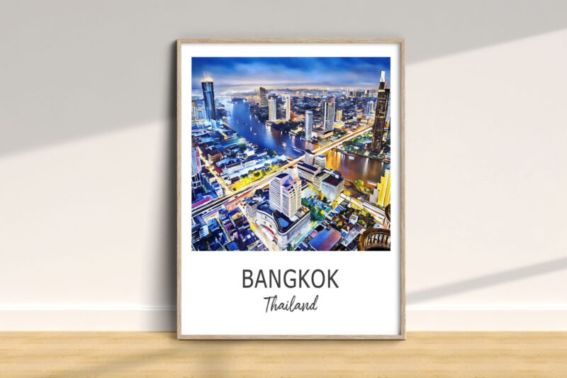 Framed Bangkok cityscape poster on wall.