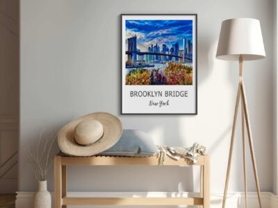 Brooklyn Bridge poster decor with bench and hat