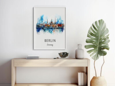 Berlin watercolor skyline in modern interior space.