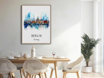Dining room with Berlin skyline artwork.