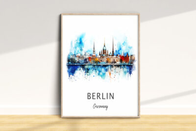 Berlin watercolor skyline art in frame.