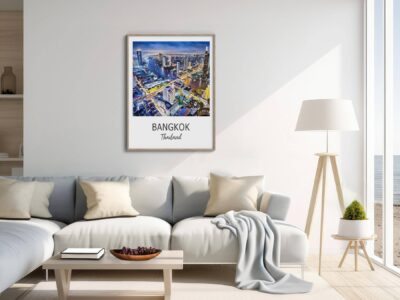 Modern living room with Bangkok poster and beach view.