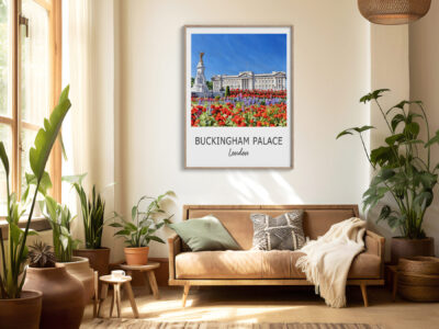 Cozy living room with Buckingham Palace artwork.