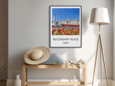 Cozy room with Buckingham Palace artwork and hat