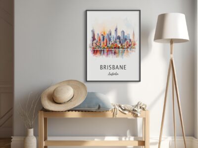 Modern interior, Brisbane skyline artwork on wall.