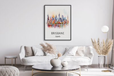Modern living room with Brisbane skyline artwork