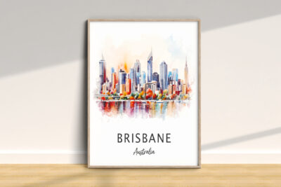 Watercolor illustration of Brisbane skyline art.