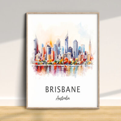 Watercolor illustration of Brisbane skyline art.