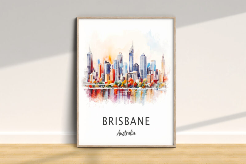 Watercolor illustration of Brisbane skyline art.
