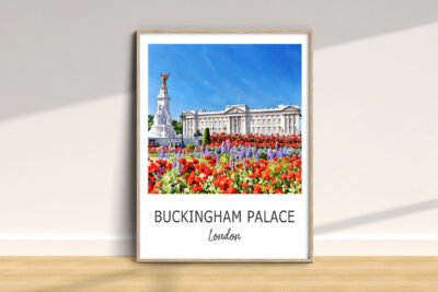 Buckingham Palace framed artwork with vibrant flowers.