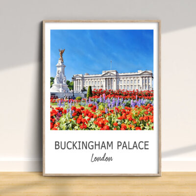 Buckingham Palace framed artwork with vibrant flowers.