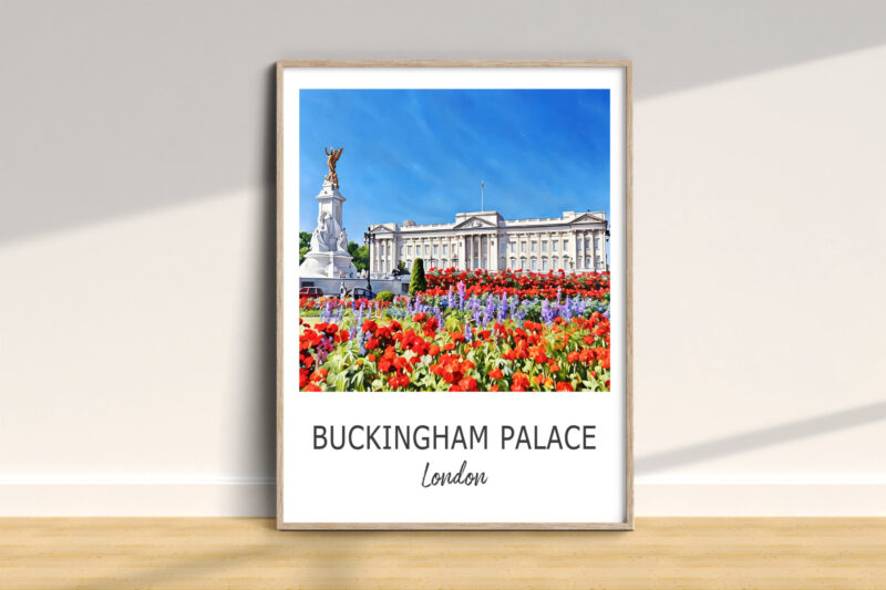 Buckingham Palace framed artwork with vibrant flowers.