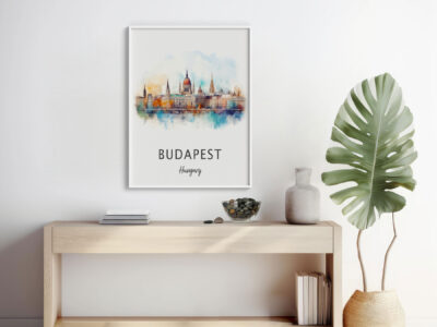 Watercolor Budapest skyline art in modern room.