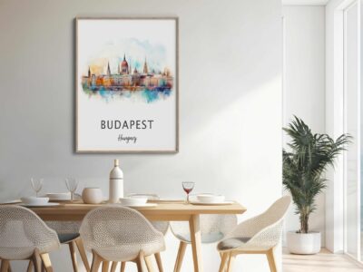 Dining room with Budapest artwork on wall.
