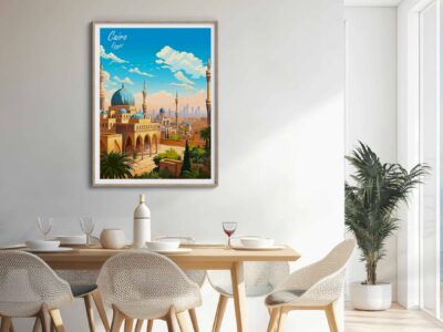Dining room with colorful Cairo poster on wall.