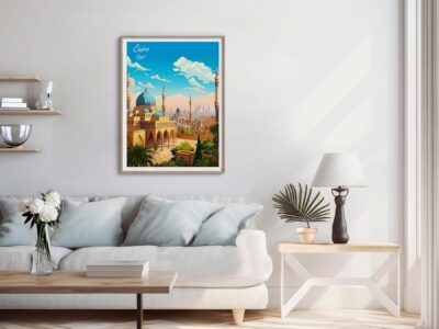 Modern living room with Cairo painting on wall.