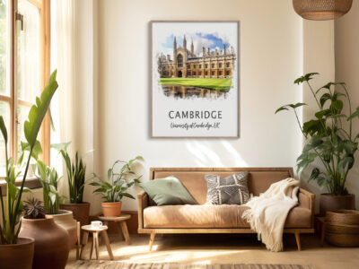 Cozy living room with Cambridge artwork and plants.