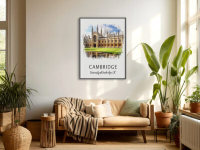 Cambridge artwork above cozy living room sofa.