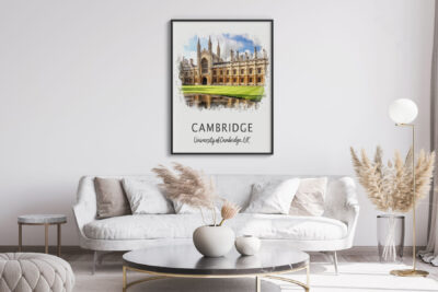 Elegant living room with Cambridge poster, UK decor.