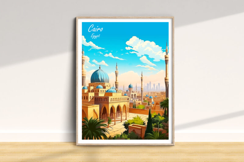 Cairo skyline illustration with blue domes.