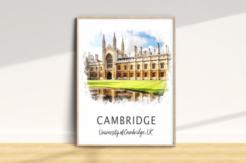Cambridge University poster with building illustration.