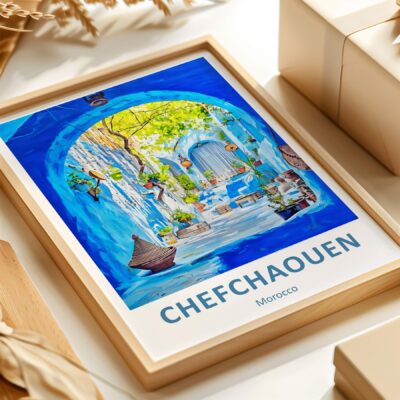 Framed Chefchaouen painting with gifts, Morocco theme.