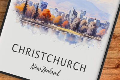 Christchurch New Zealand watercolor cityscape illustration.