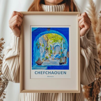 Woman holding framed Chefchaouen painting.