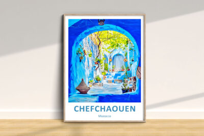 Colorful Chefchaouen street painting in frame.