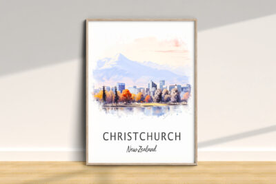 Christchurch New Zealand art print with mountains