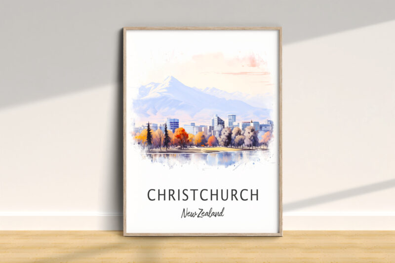 Christchurch New Zealand art print with mountains