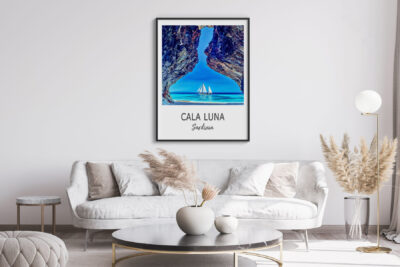 Coastal art in modern living room decor.