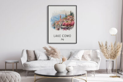 Living room with Lake Como artwork on wall.