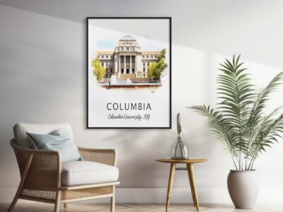 Columbia University poster in modern room decor.