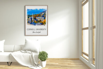 Living room with Cornell University poster.