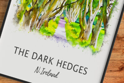 Watercolor painting of The Dark Hedges, Northern Ireland.