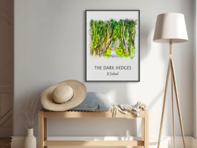 Minimalist room with 'The Dark Hedges' artwork.