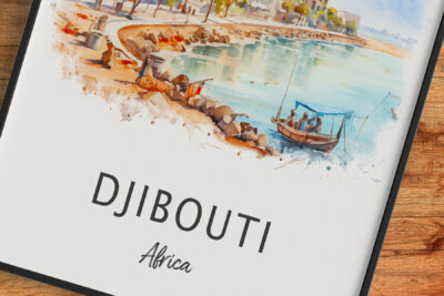 Watercolor painting of Djibouti coastline, Africa.